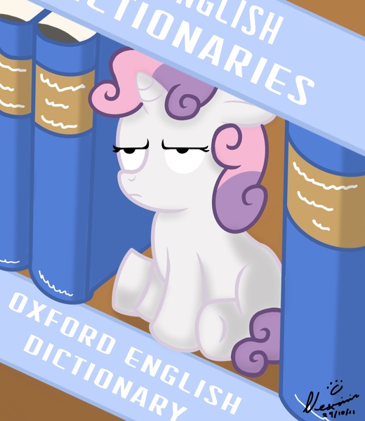 Size: 1300x1500 | Tagged: artist:nexivian, book, bookshelf, derpibooru import, dictionary, dictionary belle, lidded eyes, oxford dictionary, safe, sitting, solo, sweetie belle, sweetie belle is not amused