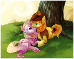 Size: 2581x2040 | Tagged: safe, artist:centchi, derpibooru import, braeburn, oc, earth pony, pony, unicorn, bedroom eyes, canon x oc, dappled sunlight, eye contact, female, flower, flower in hair, grass, holding hooves, male, mare, nuzzling, prone, shade, shipping, smiling, stallion, straight, tree, underhoof