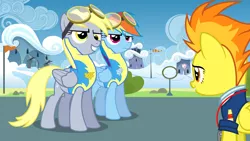 Size: 5760x3240 | Tagged: safe, artist:baumkuchenpony, derpibooru import, derpy hooves, rainbow dash, spitfire, pegasus, pony, wonderbolts academy, clothes, female, goggles, lead pony badge, mare, uniform, wingpony badge, wonderbolt trainee uniform, wonderbolts headquarters, wonderbolts uniform