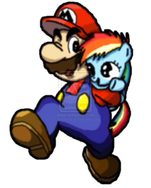 Size: 900x1121 | Tagged: artist:icelucario64, crossover, dead source, derpibooru import, deviantart watermark, filly, mario, mario & luigi, mario & luigi: partners in time, nintendo, obtrusive watermark, parody, piggyback ride, rainbow dash, safe, super mario bros., watermark