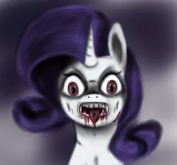 Size: 1600x1500 | Tagged: grimdark, artist:ashesdarkpony, derpibooru import, rarity, vampire, blood, dripping, fangs, looking at you, nightmare fuel, open mouth, portrait, solo, tongue out, wide eyes