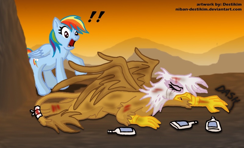 Size: 1000x605 | Tagged: grimdark, artist:niban-destikim, derpibooru import, gilda, rainbow dash, gryphon, pegasus, pony, blood, crying, dead, female, injured, mare, surprised