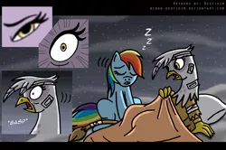 Size: 950x632 | Tagged: safe, artist:niban-destikim, derpibooru import, gilda, rainbow dash, gryphon, pony, bandage, comic, female, injured, mare, pillow, sleeping, wide eyes