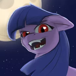 Size: 900x900 | Tagged: safe, artist:bluestreakfus, derpibooru import, twilight sparkle, pony, vampire, fangs, female, full moon, mare, missing horn, moon, night, open mouth, solo, visual pun