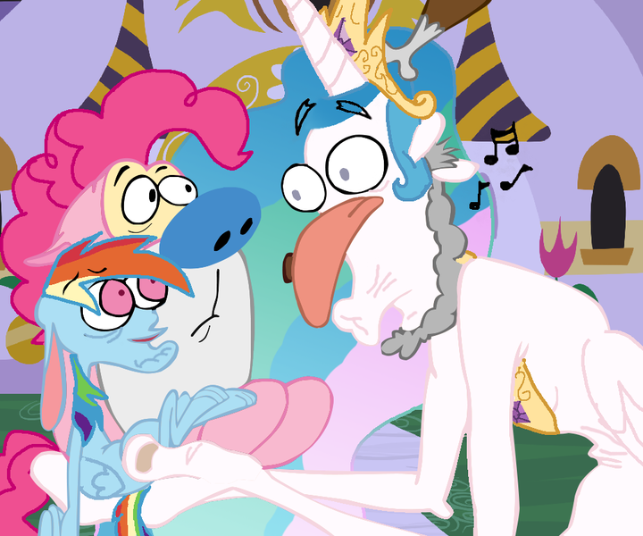 Size: 1000x833 | Tagged: safe, artist:zoiby, derpibooru import, pinkie pie, princess celestia, rainbow dash, nightmare fuel, not salmon, old man hunger, parody, ren and stimpy, renbow dash, ren hoek, stimpson j cat, wat