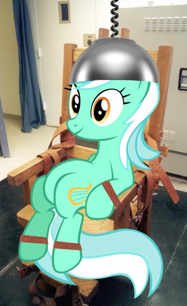 Size: 854x1399 | Tagged: safe, derpibooru import, lyra heartstrings, pony, angst what angst?, electric chair, execution, female, mare, sitting, solo