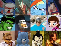 Size: 600x450 | Tagged: alf, angry, aquabats, blythe baxter, care bears, dan, dan vs, derpibooru import, hercules the legendary journeys, kevin sorbo, pinky and the brain, rainbow dash, safe, starscream, superman, the hub, the incredible hulk, the joker, transformers