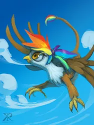 Size: 1024x1366 | Tagged: safe, artist:raikoh, derpibooru import, oc, oc:rainbow feather, unofficial characters only, gryphon, hybrid, flying, interspecies offspring, magical lesbian spawn, offspring, parent:gilda, parent:rainbow dash, parents:gildash, sky, solo