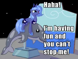 Size: 1600x1224 | Tagged: safe, artist:miketheuser, derpibooru import, edit, princess luna, alicorn, dolphin, pony, having fun, kiddie ride, moon, s1 luna, smiling, solo, stars