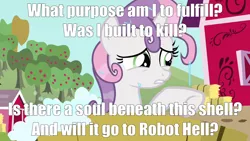 Size: 1280x720 | Tagged: safe, derpibooru import, edit, edited screencap, screencap, sweetie belle, pony, robot, unicorn, one bad apple, apple tree, caption, female, filly, foal, hooves, horn, image macro, megaman, meme, solo, song reference, sweetie bot, teeth, text, the megas, tree, water