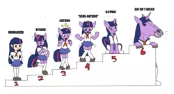 Size: 1188x646 | Tagged: safe, artist:ponilaminator, derpibooru import, twilight sparkle, anthro, horse, human, hybrid, pony, semi-anthro, anthro chart, anthro with ponies, bipedal, clothes, hoers, horseface, humanized, line-up, racial slur, vulgar