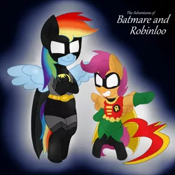 Size: 1280x1280 | Tagged: safe, artist:blackbewhite2k7, derpibooru import, rainbow dash, scootaloo, pony, batman, batman and robin, bipedal, crossover, parody, robin, title card