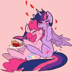 Size: 1036x1045 | Tagged: safe, artist:ghost, derpibooru import, pinkie pie, twilight sparkle, twilight sparkle (alicorn), alicorn, pony, blushing, cute, diapinkes, eating, eyes closed, female, food, fork, happy, heart, lesbian, licking lips, mare, neck nuzzle, nuzzling, pie, pun, shipping, sitting, smiling, snuggling, tongue out, twiabetes, twinkie, twinkiebetes, wavy mouth