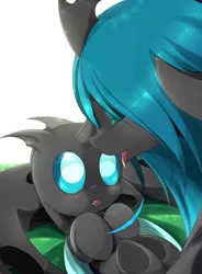 Size: 1050x1425 | Tagged: safe, artist:zymonasyh, derpibooru import, queen chrysalis, changeling, changeling queen, nymph, :o, baby, blushing, cute, cutealis, cuteling, duo, eyes closed, fangs, female, licking, lying down, mommy chrissy, on back, open mouth, prone, smiling, tongue out, underhoof