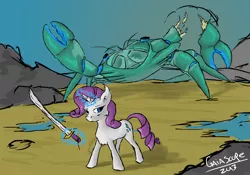 Size: 1280x896 | Tagged: safe, artist:gaiascope, derpibooru import, rarity, crab, pony, unicorn, chest fluff, female, fight, glowing horn, horn, katana, levitation, magic, magic aura, mare, rarity fighting a giant crab, sword, telekinesis, weapon