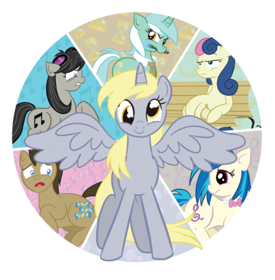 Size: 400x407 | Tagged: safe, artist:xkappax, derpibooru import, bon bon, derpy hooves, doctor whooves, lyra heartstrings, octavia melody, sweetie drops, time turner, vinyl scratch, alicorn, pony, magical mystery cure, accessory swap, background six, bench, bon bon is not amused, derpicorn, epic derpy, muffin queen, sitting, sonic screwdriver, swapped cutie marks, what my cutie mark is telling me, xk-class end-of-the-world scenario