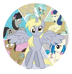 Size: 400x407 | Tagged: safe, artist:xkappax, derpibooru import, bon bon, derpy hooves, doctor whooves, lyra heartstrings, octavia melody, sweetie drops, time turner, vinyl scratch, alicorn, pony, magical mystery cure, accessory swap, background six, bench, bon bon is not amused, derpicorn, epic derpy, muffin queen, sitting, sonic screwdriver, swapped cutie marks, what my cutie mark is telling me, xk-class end-of-the-world scenario