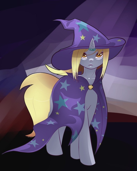 Size: 1349x1687 | Tagged: safe, artist:sosweetntasty, derpibooru import, derpy hooves, pony, unicorn, cape, clothes, hat, race swap, solo, the great and powerful, wizard, wizard hat