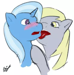 Size: 900x912 | Tagged: suggestive, artist:remenbrand, derpibooru import, derpy hooves, trixie, pegasus, pony, blushing, female, lesbian, licking, mare, shipping, tripy