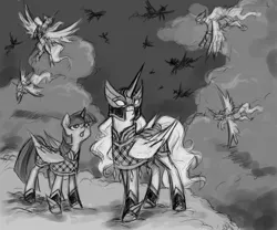 Size: 2000x1661 | Tagged: safe, artist:valkyrie-girl, derpibooru import, twilight sparkle, twilight sparkle (alicorn), oc, alicorn, pegasus, pony, armor, female, flying, grayscale, mare, monochrome, valkyria, valkyrie