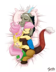 Size: 1133x1466 | Tagged: safe, artist:mysticalpha, derpibooru import, discord, fluttershy, cuddling, cute, discoshy, discute, female, male, shipping, sleeping, straight