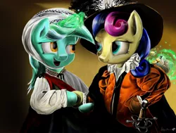 Size: 1856x1403 | Tagged: dead source, safe, artist:stephenmannix, derpibooru import, bon bon, lyra heartstrings, sweetie drops, earth pony, pony, unicorn, bipedal, clothes, epee, female, fortune teller, hat, lesbian, looking at each other, lyrabon, magic, rapier, shipping, stealing, sword, thief, weapon