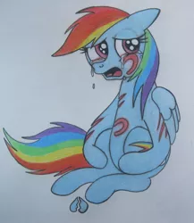 Size: 900x1038 | Tagged: grimdark, artist:spectrum-sparkle, derpibooru import, rainbow dash, pegasus, pony, abuse, crying, dashabuse, heartbreak, sad, scratches, woobie