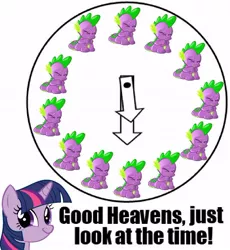 Size: 536x583 | Tagged: safe, derpibooru import, spike, twilight sparkle, clock, impact font, spikeabuse, text, time to abuse spike, twiface