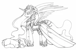 Size: 1477x968 | Tagged: safe, artist:longinius, derpibooru import, nightmare moon, alicorn, earth pony, pony, armor, chains, duo, female, grayscale, lineart, mare, monochrome