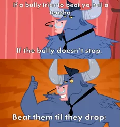 Size: 503x533 | Tagged: bully, bullying, derpibooru import, dialogue, edit, edited screencap, iron will, looking at you, male, microphone, minotaur, necktie, nose piercing, nose ring, phrases, piercing, quotes, safe, screencap, smiling, solo
