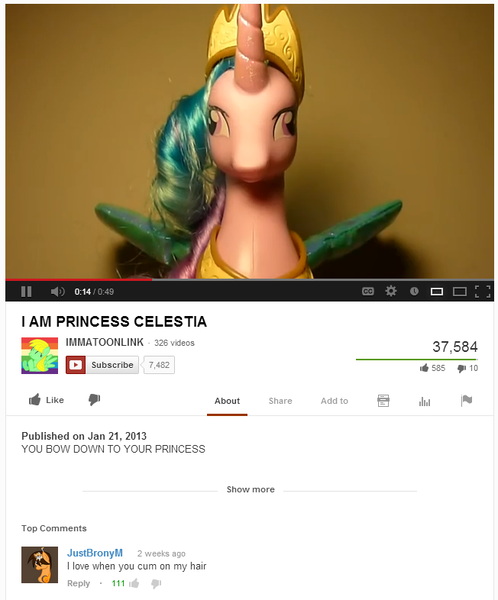 Size: 652x786 | Tagged: derp, mondegreen, princess celestia, soul stare celestia, suggestive, toy, youtube comments