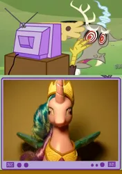 Size: 564x800 | Tagged: safe, derpibooru import, discord, princess celestia, exploitable meme, soul stare celestia, toy, tv meme