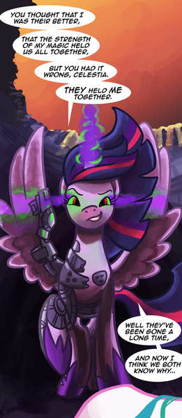 Size: 418x960 | Tagged: semi-grimdark, artist:gingermint, artist:icekatze, derpibooru import, princess celestia, twilight sparkle, twilight sparkle (alicorn), alicorn, pony, dark magic, female, fight, mare, sombra eyes, speech bubble, tyrant sparkle