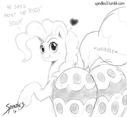 Size: 1000x918 | Tagged: 30 minute art challenge, artist:spindlesx, dock, easter, female, grayscale, monochrome, paint, paint on fur, pinkie pie, plot, solo, solo female, suggestive