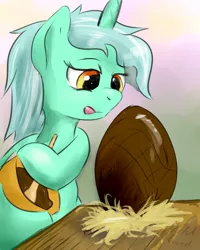 Size: 600x750 | Tagged: safe, artist:ruby, derpibooru import, lyra heartstrings, pony, unicorn, bipedal, bowl, easter, easter egg, egg, licking, licking lips, solo, spoon, stirring, tongue out