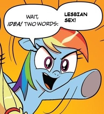 Size: 334x366 | Tagged: applejack, derpibooru import, edit, exploitable meme, female, idw, lesbian, meme, questionable, rainbow dash, two words meme