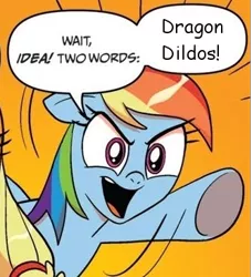 Size: 334x366 | Tagged: applejack, comic, comic sans, derpibooru import, dragon dildo, exploitable meme, meme, rainbow dash, suggestive, text, two words meme