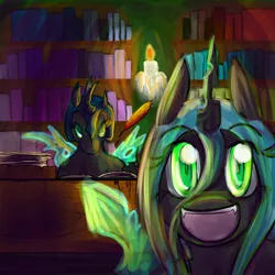 Size: 1280x1280 | Tagged: artist:ryuredwings, ask, changeling, cute, cutealis, derpibooru import, filly queen chrysalis, happy, library, nymph, oc, queen chrysalis, safe, smiling, tumblr