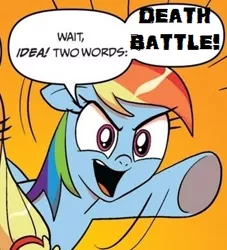 Size: 333x366 | Tagged: applejack, death battle, derpibooru import, exploitable meme, idw, meme, rainbow dash, safe, two words meme