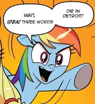 Size: 334x366 | Tagged: applejack, derpibooru import, detroit, exploitable meme, idw, meme, rainbow dash, safe, three words meme