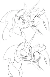 Size: 666x1037 | Tagged: artist:zev, chryslestia, derpibooru import, female, grayscale, horns are touching, kissing, lesbian, monochrome, princess celestia, queen chrysalis, safe, shipping