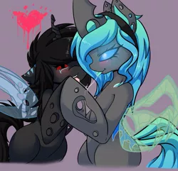 Size: 911x877 | Tagged: artist:rainbowscreen, blue changeling, changeling, changeling oc, changeling queen, changeling queen oc, cute, derpibooru import, drool string, female, kissing, lesbian, oc, oc:darksouly, oc:jewel, oc:soulycat, shipping, suggestive, unofficial characters only