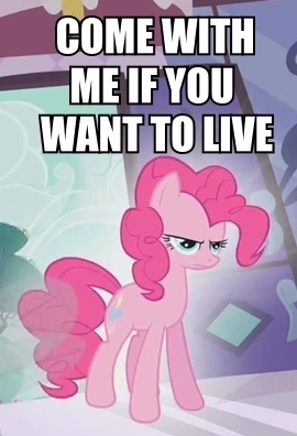 Size: 270x396 | Tagged: cropped, derpibooru import, edit, edited screencap, glow, image macro, pinkie pie, safe, screencap, solo, swarm of the century, terminator, terminator 2