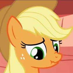 Size: 538x538 | Tagged: safe, derpibooru import, screencap, applejack, pony, look before you sleep, bust, cropped, female, mare, portrait, scrunchy face, solo