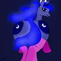 Size: 500x500 | Tagged: artist needed, blue background, both cutie marks, clothes, covering, derpibooru import, female, glow, looking back, moonbutt, plot, princess luna, signature, simple background, solo, solo female, stockings, suggestive, tail covering