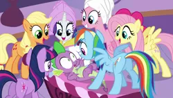 Size: 1920x1080 | Tagged: safe, derpibooru import, screencap, applejack, fluttershy, pinkie pie, rainbow dash, rarity, spike, twilight sparkle, unicorn, ponyville confidential, bed, butt, female, male, mane seven, mane six, out of context, pillow, plot, spike gets all the mares, straight, towel, unicorn twilight