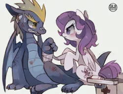 Size: 1280x985 | Tagged: safe, artist:suikuzu, derpibooru import, oc, unofficial characters only, dragon, pegasus, pony, bandage, first aid, injured, teenaged dragon