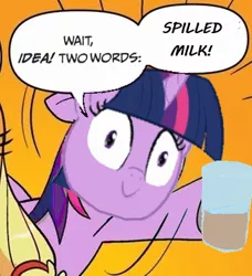 Size: 334x366 | Tagged: chocolate milk, derpibooru import, everything is ruined, exploitable meme, meme, pure unfiltered evil, safe, spill, spilled milk, twilight sparkle, two words meme, xk-class end-of-the-world scenario