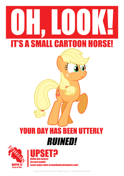 Size: 2480x3508 | Tagged: safe, artist:bamthand, derpibooru import, applejack, earth pony, pony, blonde, female, hatless, mare, missing accessory, poster, raised hoof, solo, your day is ruined