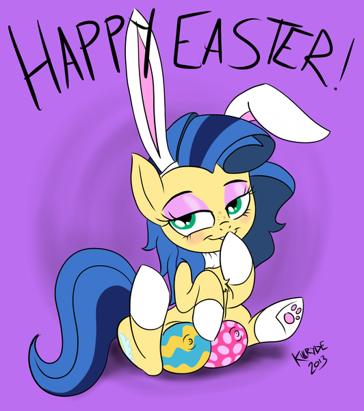 Size: 1944x2192 | Tagged: questionable, artist:killryde, derpibooru import, oc, oc:milky way, unofficial characters only, pony, bedroom eyes, bodypaint, bunny ears, chest fluff, crotchboobs, easter, easter egg, eyeshadow, female, freckles, impossibly large crotchboobs, mare, nipples, nudity, sitting, smiling, solo, solo female